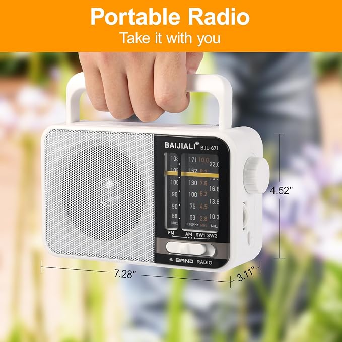 BAIJIALI AM FM SW Portable Radio - Dual Power (Battery/USB) Emergency Receiver with Loudspeaker, Transistor Design for Indoor/Outdoor, Travel & Survival Kit Ready (White, BJL-671) - Image 2