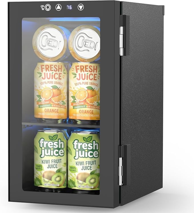 Electactic 10L Mini Beverage Refrigerator, 12-Can Capacity, 40-61°F | Compact 10L beverage fridge holds up to 12 cans, with a 40-61°F range, digital display, LED light, and glass door. by Electactic