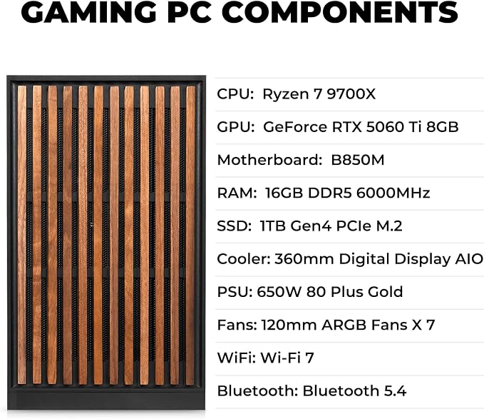 KOTIN Prebuilt Gaming PC Ryzen 7 9700X 16GB DDR5 RTX 5060 Ti 8GB 1TB SSD | 360MM Liquid Cooled Gaming Desktop, 11.3in Smart Display, 650W 80+ Gold PSU, WiFi 7, Windows 11 ARGB Tower Computer - Image 3