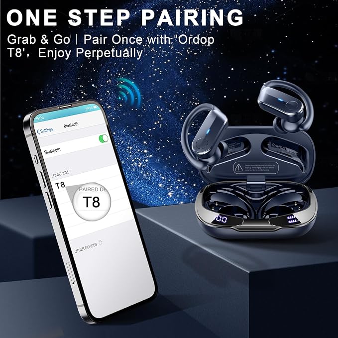 Ordtop Sport Wireless Earbuds with Earhooks, 70H, IPX8 Waterproof, Blue | Bluetooth 5.4, 4 ENC Microphones, Deep Bass Sound, LED Display, USB-C Fast Charging, Secure Fit For Running, Gym And Workouts - Image 7