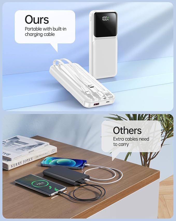 RONEGN Portable Charger with Built in Cable - Power Bank Fast Charging USB C LED Display 10000mah Battery Pack 5 Outputs & 3 Inputs for Travel Essentials iPhone Samsung Android Phones Tablets Grey - Image 6