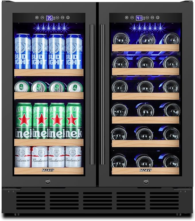 30 Inch Wine and Beverage Refrigerator, Dual Zone 30" Wine Fridge Under Counter/Freestanding, 30 Inch Wide Beverage Cooler with Glass Door, Holds 30 Bottles & 110 Cans for Home Bar Office, Black by MZAVP