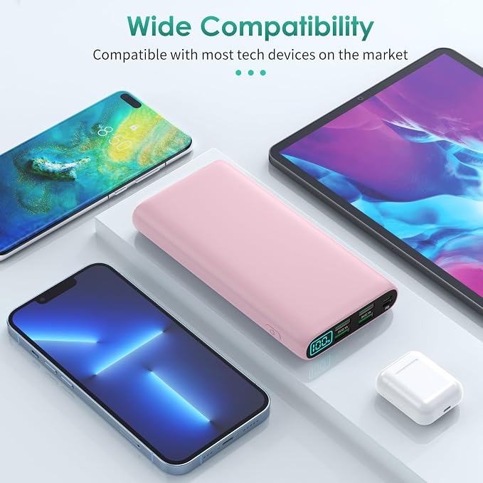 Portable Charger 38800mAh,LCD Display Power Bank,5 USB Outputs Battery Pack Backup, USB-C 3A in&out Travel Essential Portable Phone Charger For iPhone 17/16/15/14/13 Pro/12,Android Samsung Galaxy-Pink - Image 3