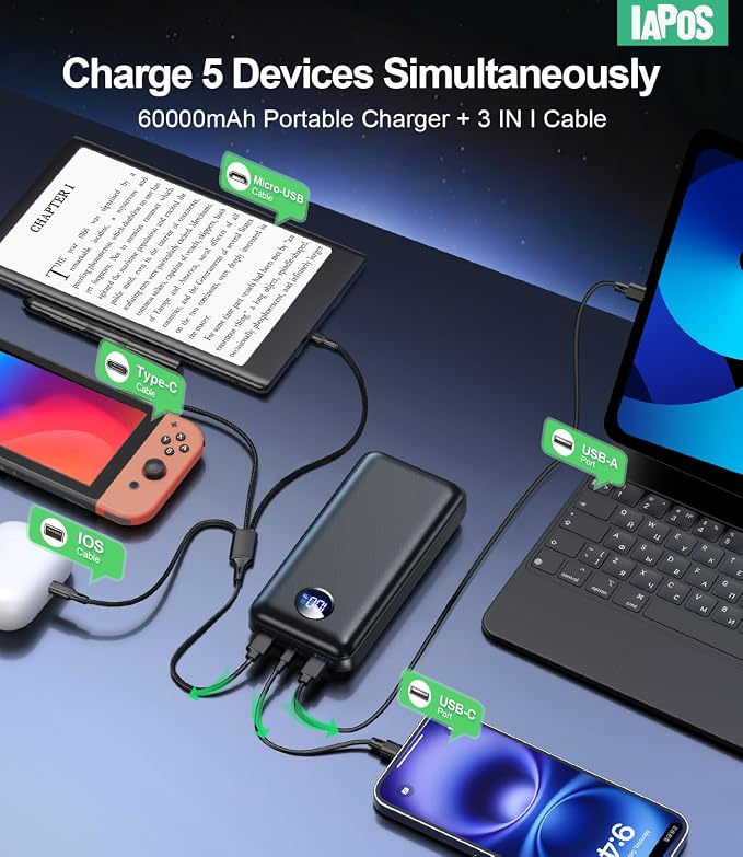 Portable Charger Power Bank - 60,000mAh Battery Pack, 22.5W Fast Charging Phone Charger Attached USB-C/iOS/Micro-USB Cable, Powerbank for iPhone 17 16 15 14 13 Samsung, for Travel Camping Essentials - Image 4