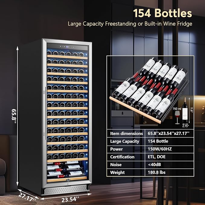 24" Wine Cooler 154-Bottle Compressor Quiet Cool | Fast cooling, low noise, smart temp memory, built-in/freestanding, fan even cooling - Image 2