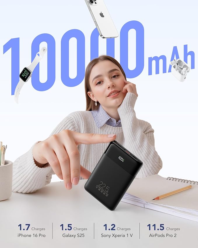 VEGER Portable Charger, Ultra Slim 22.5W Fast Charging with Built in Cable, Flight-Safe 10000mAh USB C Power Bank Battery Pack, Travel Essential Phone Powerbank for iPhone 17 16 Samsung S25 Google etc - Image 7
