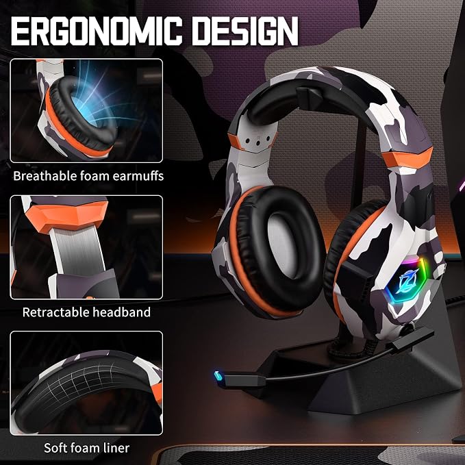 Ozeino Gaming Headset for PC, Ps4, Ps5, Xbox Headset with 7.1 Surround Sound, Gaming Headphones with Noise Cancelling Mic RGB Light Over Ear Headphones for Xbox Series X/S, Switch-Camo - Image 2
