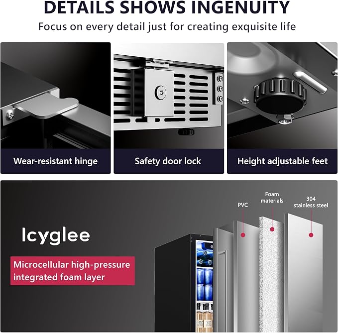 15 Inch Beverage Cooler Under Counter Built-in Beverage Refrigerator,127 Cans Mini Fridge with Glass Removable Shelves for Drink Beer Soda Wine Water - Image 6