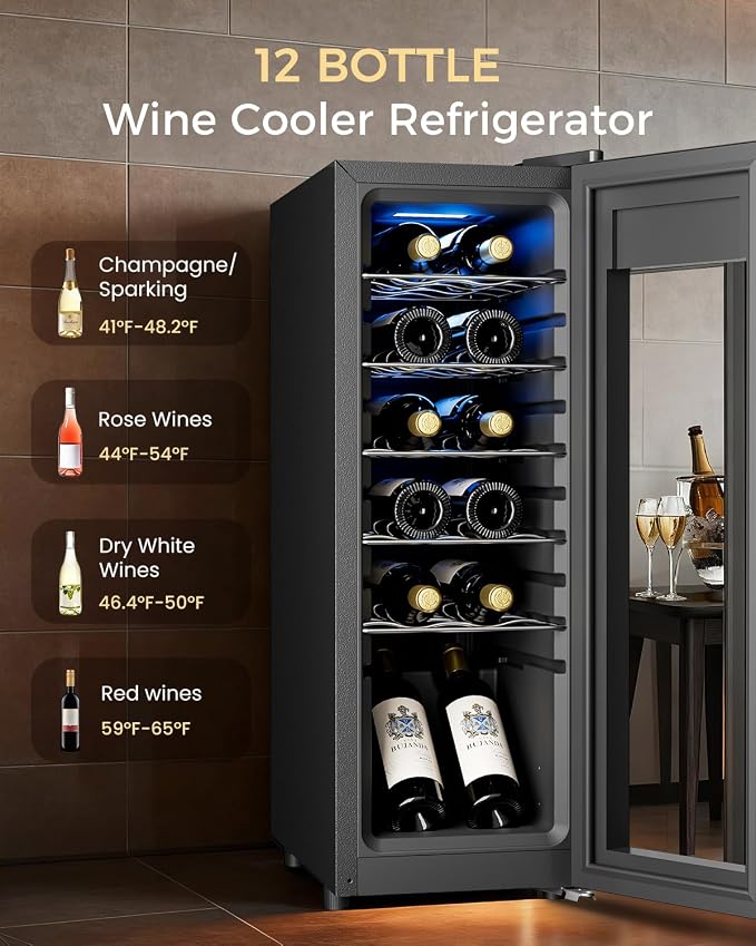 Feelfunn 12 Bottle Wine Cooler Refrigerator - Small Wine Fridge for Red, White, Champagne, Freestanding Wine Cellar with Glass Door & Digital Temperature Control for Home Bar, Office - Image 2
