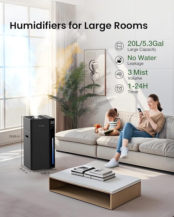 Mifasol Humidifier Large Room, 5.3Gal/20L Cool Mist Humidifiers for Home 1500 sq ft, Double Nozzles Whole House Humidifier, Humidifiers for Bedroom Plants Office Commercial Large Areas, Black - Image 2