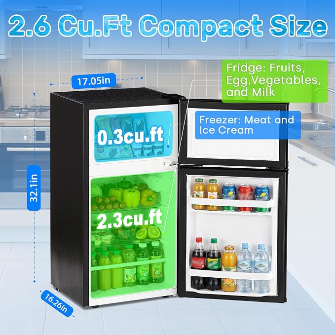 DOGHLY 2.6 Cu.Ft Mini Fridge with Freezer, Double Door Small Refrigerator | Compact Refrigerator with 3 Adjustable Thermostat, Removable Shelf, Low Noise, Small Fridge for Bedroom, Office, Dorm, Black - Image 3