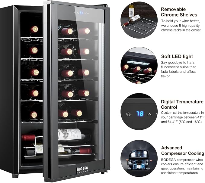 BODEGA COOLER 24 Bottle Wine Cooler, Wine Fridge for Kitchen, Bedroom & Bar | Freestanding & Under Counter, Fast Cooling Compressor, Digital Temp Control, Low Noise, UV Double Glass Door, Auto Defrost - Image 4