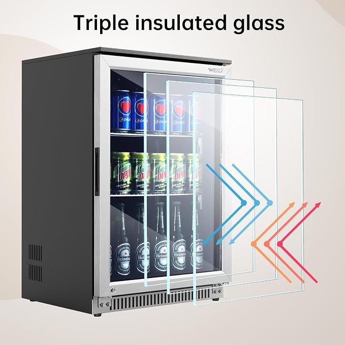Weili 20 Inch Under Counter Beverage Refrigerator with Glass Door, 120 Can | Built-in/Freestanding, Lock, 3.2 Cu.Ft, Stainless Steel, Adjustable Shelves, Beer Soda Drink Fridge, for Home Bar Office - Image 5