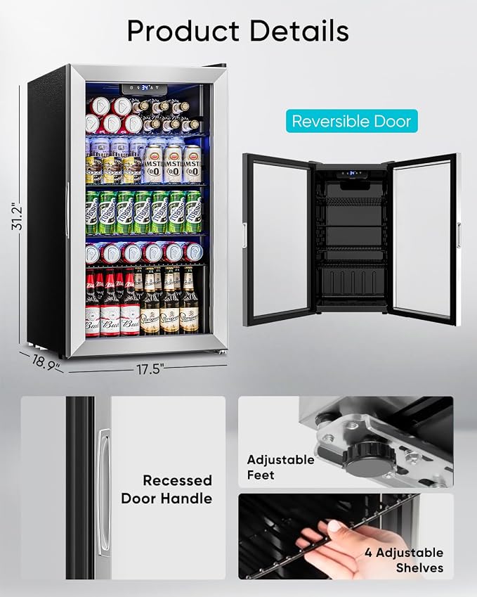Feelfunn 3.2 Cu.Ft Mini Fridge with Glass Door - 126 Can Beverage Refrigerator Cooler for Drink Beer Wine Soda, Small Refrigerator for Bedroom Office Bar Dorm, 4 Adjustable Shelves, Silver - Image 7