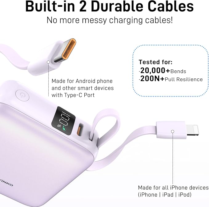 VINKO Portable Charger Power Bank with Built-in Cables, 22.5W Fast Charging 10000mAh Phone Charger, Small Travel Battery Pack with Smart LED Display for iPhone, Android & USB-C Devices(Purple) - Image 4