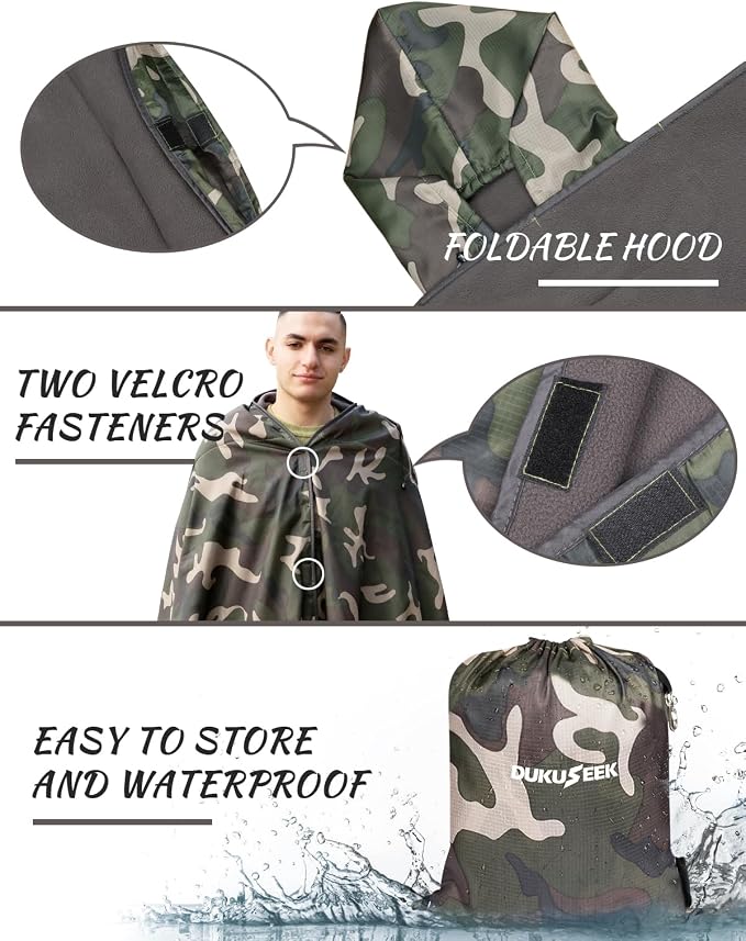 DUKUSEEK Hooded Stadium Blanket, Camouflage Waterproof Windproof Outdoor Fleece - Image 2