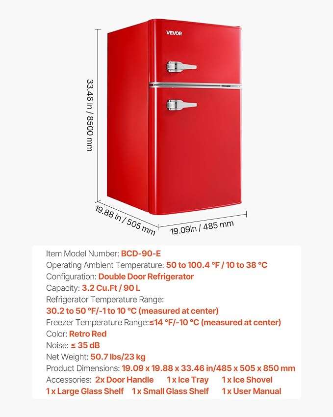 VEVOR 3.2 Cu.Ft Mini Fridge with Freezer, Dual Zone Compact Refrigerator, 7-Mode Adjustable Temp, Energy Efficient Low Noise Dorm Fridge, Small Refrigerator for Bedroom, Office, Retro Red - Image 7