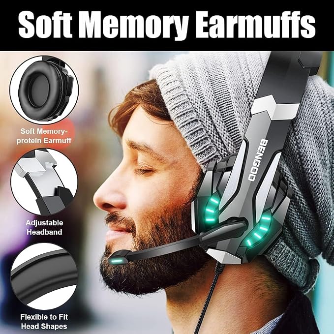 BENGOO G9000 Stereo Gaming Headset for PS4 PC Xbox One PS5 Controller, Noise Cancelling Over Ear Headphones with Mic, LED Light, Bass Surround, Soft Memory Earmuffs for Laptop Mac - Black - Image 3