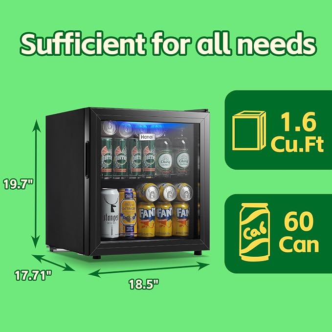 Beverage Refrigerator Cooler 1.6 Cu.Ft 60 Can Mini Small Fridge Black | Large Capacity with Glass Door, LED Light & Adjustable Shelves for Soda Beer Wine, Perfect for Home Bar Office - Image 3
