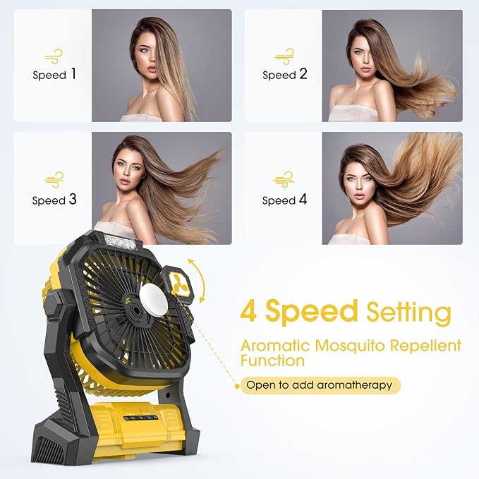 ONLYNEW Portable Fan Rechargeable, 20000mAh Cordless Battery Powered Fan with LED Lantern, USB C Battery Operated for Travel Bedroom Home Camping Tent Office Beach Desk Fishing Table (Yellow) - Image 3