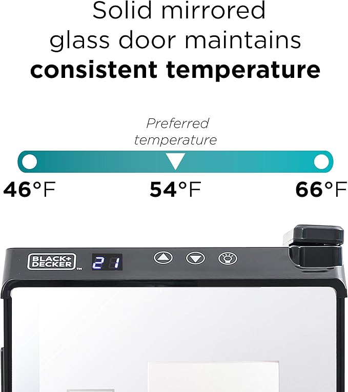 BLACK+DECKER 8-Bottle Thermoelectric Wine Chiller, BD60326, Mirrored Door | Thermoelectric Wine Cooler with Temperature Control, 8 Bottle Fridge for Reds, Whites and More, LED Display, Chrome Racks - Image 6
