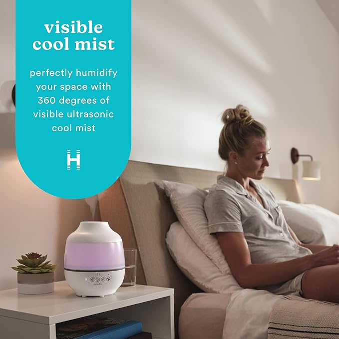 Homedics TotalComfort Humidifier – Large Air Humidifiers for Bedroom, Plants, Office – Cool Mist, Essential Oil Pads and Built-In Timer, 7-Color Night-Light, 2 Mist Settings, White - Image 2