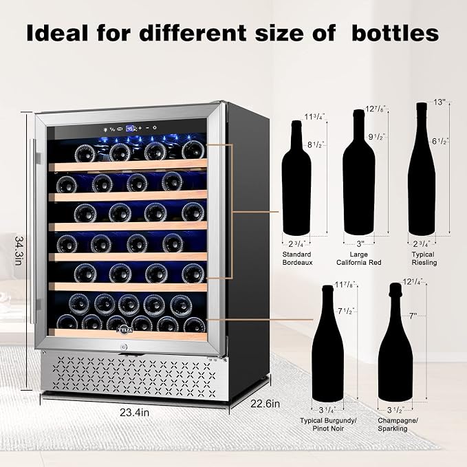 24 Inch Wine Fridge, 54 Bottles Wine Refrigerator, Under Counter or Freestanding, 40-65°F, Lock, Double Layer Tempered Glass Door, Wine Cooler Refrigerator with Adjustable Wooden Shelves - Image 7