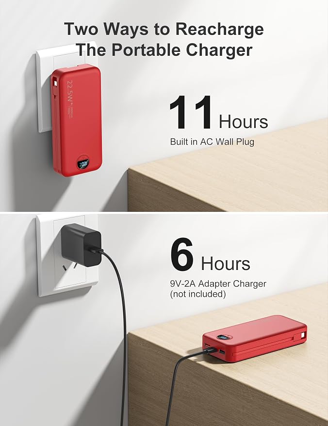 20000mAh Ultra-Portable-Charger-Power-Bank with Built in Cables&AC Wall Plug,PD20W USB-C Fast Charging Cell Phone Charger Battery Pack,LED Display Travel Battery Bank for All iPhone,Samsung,Android - Image 5