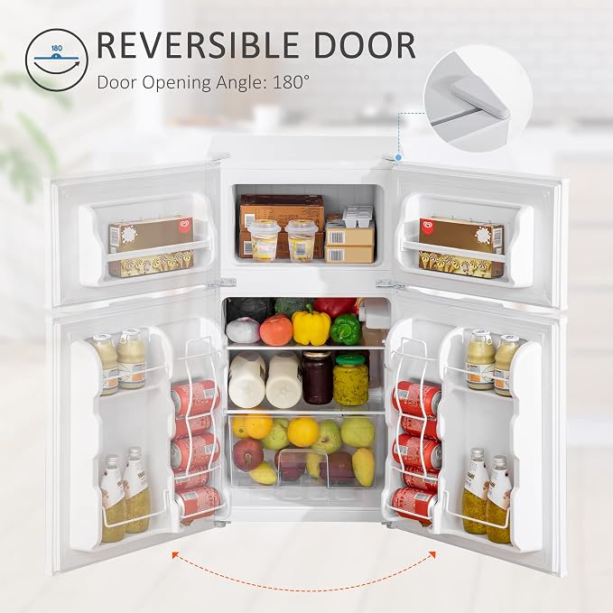 HOMCOM 3.2 Cu.Ft Mini Fridge with Freezer Double Reversible Door White | Compact Refrigerator, Adjustable Thermostat, Shelf, for Bedroom Dorm Home Office, Energy Efficient - Image 5