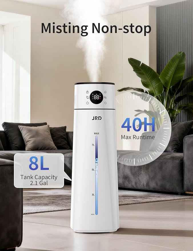 JRD Humidifier Large Room 8L/ 2.1Gal, Ultrasonic Cool Mist for Bedroom, Quiet Humidifier with Remote Control, 10 Mist Modes, 24H Timer, Night Light, AI Mode, 40H Run for Home Office Baby Pets Plants - Image 3