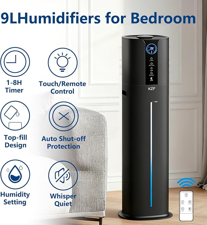 KZF 9L Smart Humidifiers for Bedroom Large Room, 2.3Gal Cool Mist Top Fill Diffuser App & Remote Control, 3 Mist Modes, Quiet Humidifier for Home Office Plant (9L Black App) - Image 2