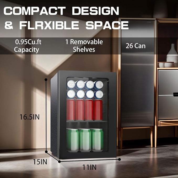 Erivess Compact Freestanding Beverage Refrigerator Cooler, 26 Can/0.95Cu Ft | Adjustable Shelves Mini Fridge with Acrylic Front Door for Soda, Beer, Wine, Under Counter Small Refrigerator for Home/Office - Image 2