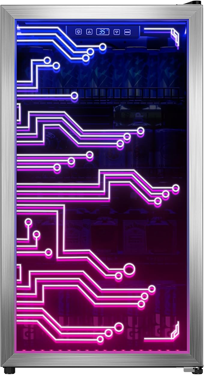 Cyberpunk Beverage Cooler, 130 Can Mini Fridge, LED Light Door, Gaming Room | Colorful LED Ambient Lighting, Freestanding for Bar & Party, Adjustable Shelves for Cans & Bottles by Manastin