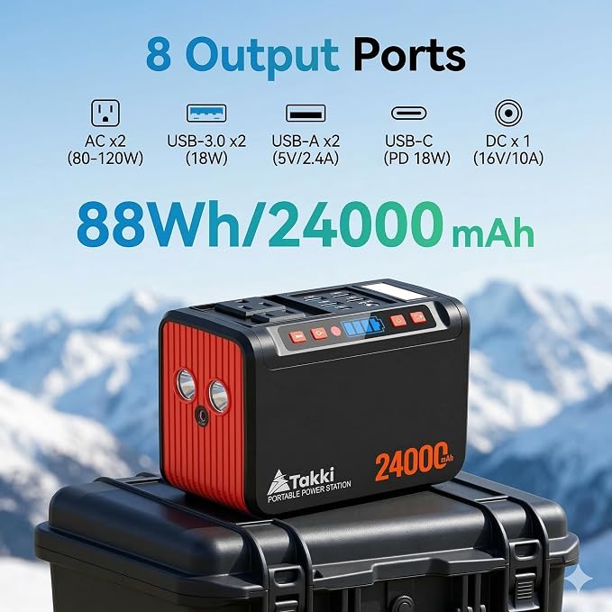 Takki 88.8Wh Portable Power Station Lithium Battery Small Generator Power Bank with 110V AC Outlet Battery Backup for Camping Home Use Emergency(Solar Panel Optional) - Image 2