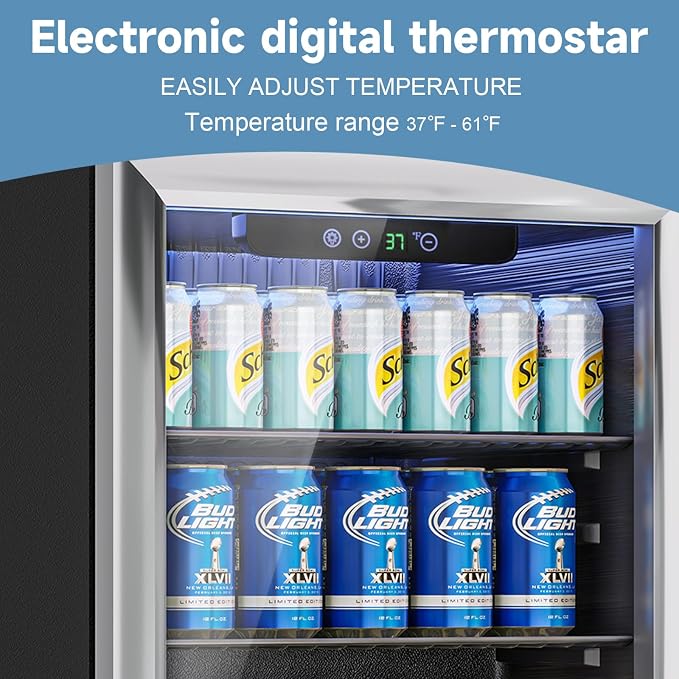 Stopasd Beverage Refrigerator Cooler, 1.7 Cu.Ft/76 Can Drink Fridge with Adjustable Shelves & Glass Door for Soda Wine Beer, Quiet Undercounter Small Fridge for Home/Office/Bar/Garage(37°-61℉), Black - Image 4