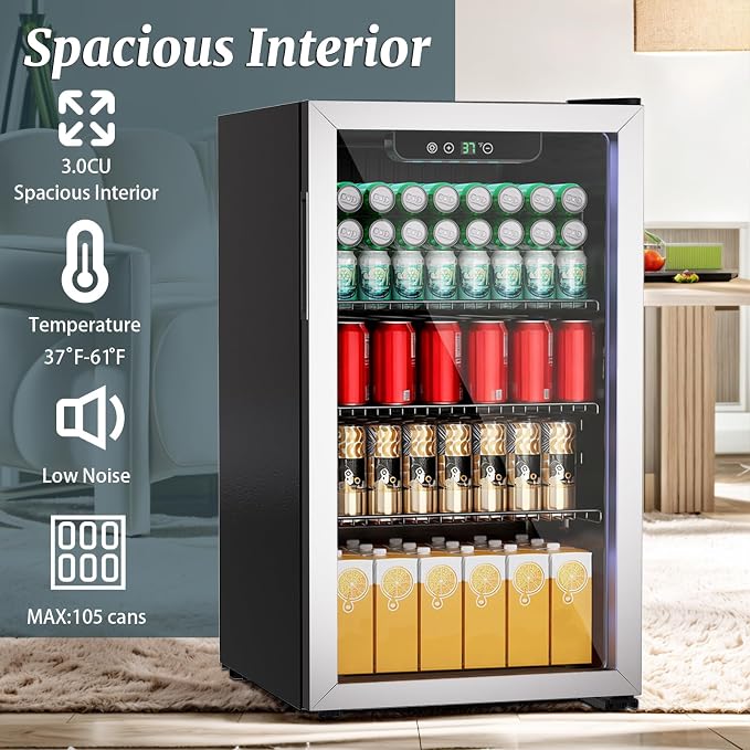 Compact 105 Can/3.0 Cu.Ft Mini Fridge For Soda, Beer Or Wine | Portable Small Beverage Refrigerator Cooler With Digital Display&Removable Shelves &Reversible Glass Door, Office, Dorm, Bar - Image 4