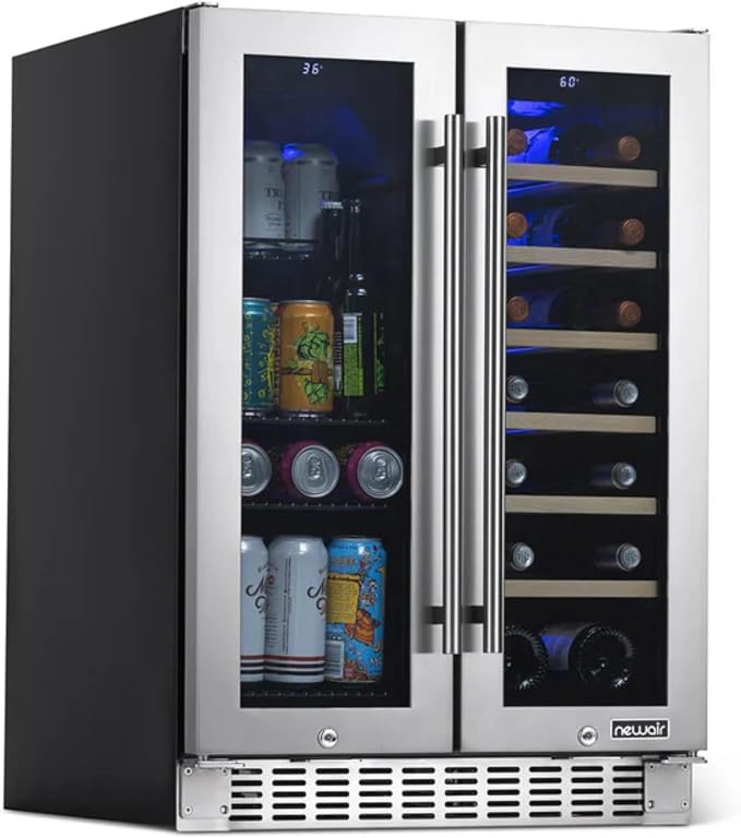 NewAir 24" Dual Zone Beverage Refrigerator & Wine Cooler for 18 Bottles & 60 Cans | Freestanding or Built-In Under Counter Mini Fridge for Beer, Wine and Soda | Stainless Steel by NewAir