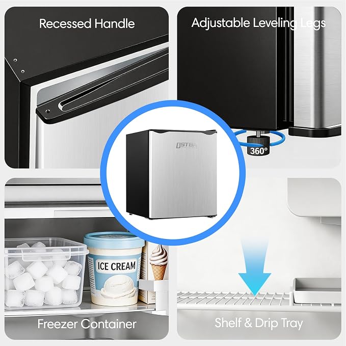 OSTBA 1.7 Cu.ft Mini Fridge with Freezer, Small Refrigerator, Silver | Compact Refrigerator with Adjustable Thermostat, Removable Shelves, Low Noise, Reversible Door for Bedroom Home Dorms Office - Image 3