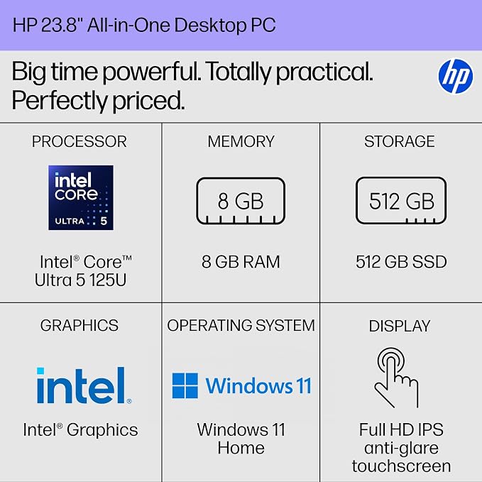 HP 23.8 inch All-in-One Desktop PC, FHD Touchscreen, Intel Core Ultra 5 125U, 8 GB RAM, 512 GB SSD, Intel Graphics, Windows 11 Home, Shell White, 24-cr1170 (2025) - Image 2