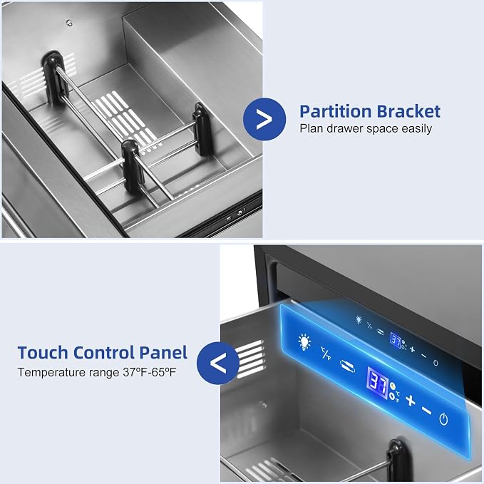 24" Drawer Beverage Fridge 145 Can Stainless Quiet | Fast cool, <38dB, undercounter/free, 37-65°F, stainless IPX4 - Image 4
