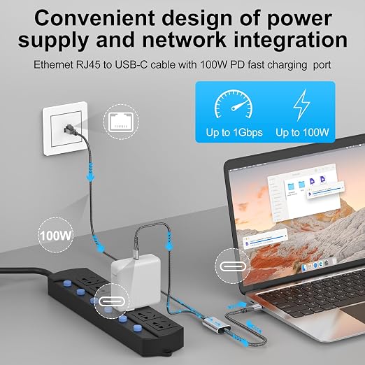 USB C to Ethernet Cable with Charging 10 Feet, USB-C Male 100W PD & Gigabit LAN - Image 3