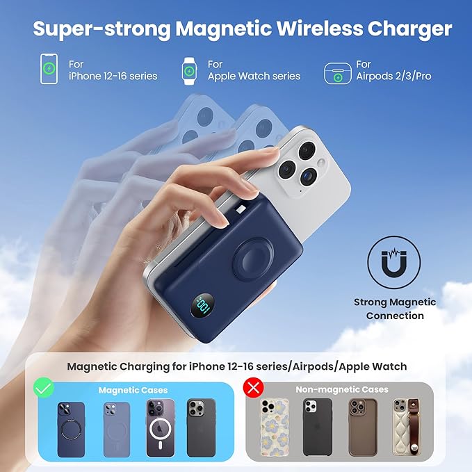 Magnetic Portable Charger for MagSafe with Built-in Cable,iWatch Charger,10800mAh Wireless Power Bank Travel Essentials,25W PD Fast Charging Battery Pack for iPhone 17/16/15/14/13/12,Apple Watch-Navy - Image 7