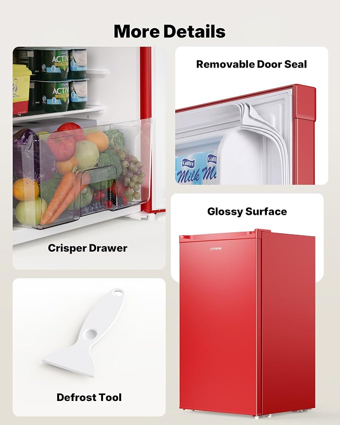 Upstreman 3.2 Cu.Ft Mini Fridge with Freezer, Red-BR321 | Adjustable Thermostat, Energy Saving, Low Noise, Reversible Door, Small Refrigerator for Dorm, Bedroom, Office - Image 7