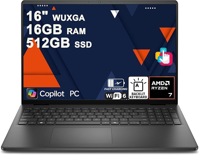 Dell 16 Laptop 16" WUXGA Touchscreen AMD 8-core Ryzen 7 250 16GB RAM 512GB SSD Backlit ExpressCharge Wi-Fi6 for Creator Designer Business Professional Work Win11 by Dell