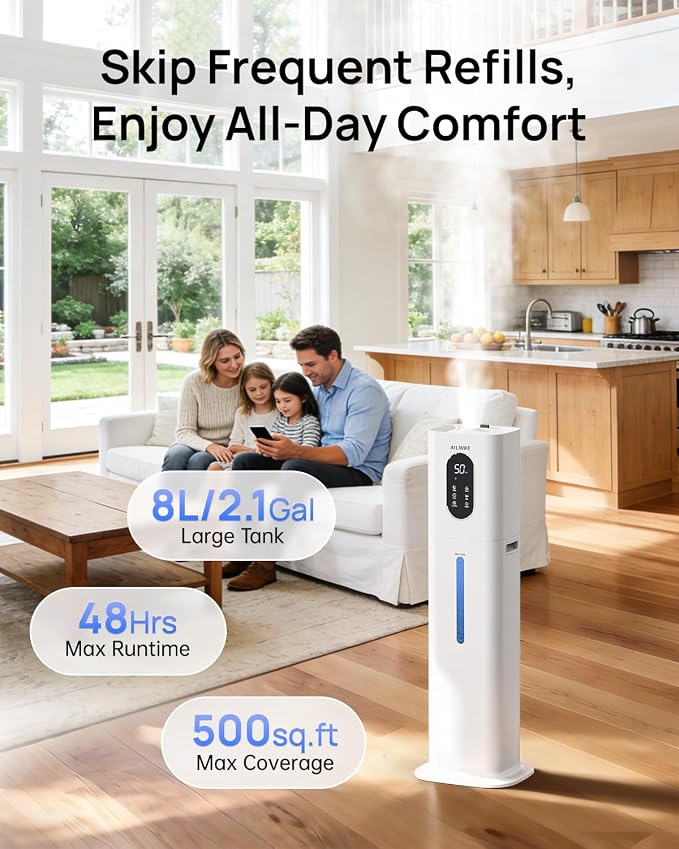 2.1Gal/8L Warm & Cool Mist Humidifiers for Bedroom 500 sq ft, AILINKE Top-Fill Humidifier Large Room with Essential Oil Diffuser, Large Room Humidifiers for Home Baby Nursery Office Plants, White - Image 3