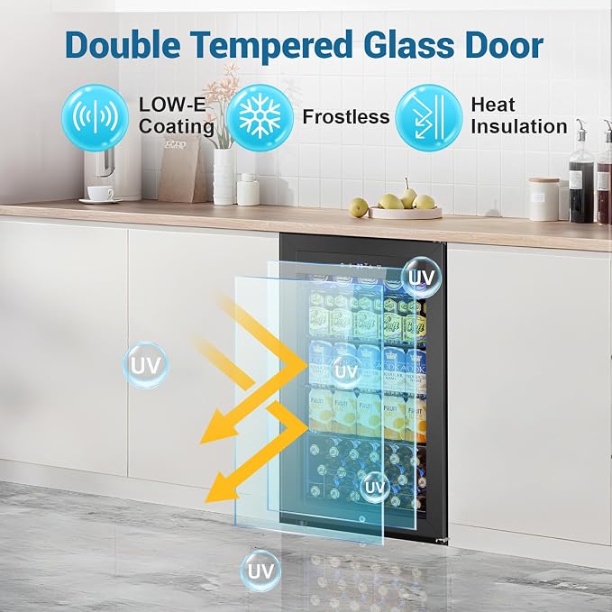Velivi Mini Fridge 3.2 Cu.Ft Small Beverage Refrigerator 126 Can Lockable Drink Cooler with Glass Door, Safety Lock, for Beer Soda Black | 126 Can Drink Cooler with Glass Door, Safety Lock, for Beer Soda Black - Image 6