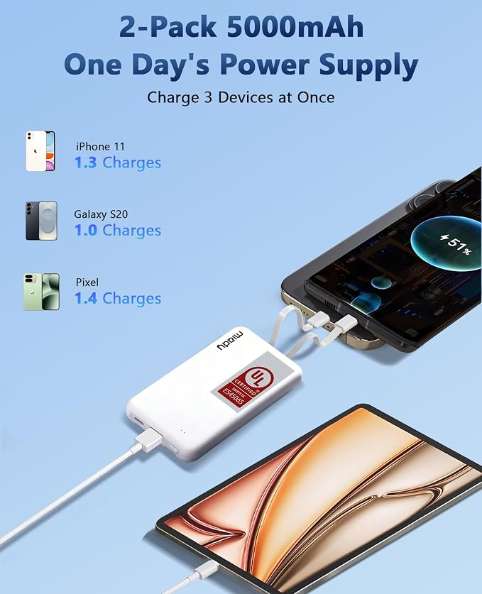 Miady 2-Pack Small Portable Charger UL Listed, 5000mAh Slim Power Bank Built-in 2 Cables Lightweight Travel Battery Pack 3 Outputs 2 Inputs Compatible with iPhone 17/16/15/14/13 Galaxy S24/S22 etc - Image 5