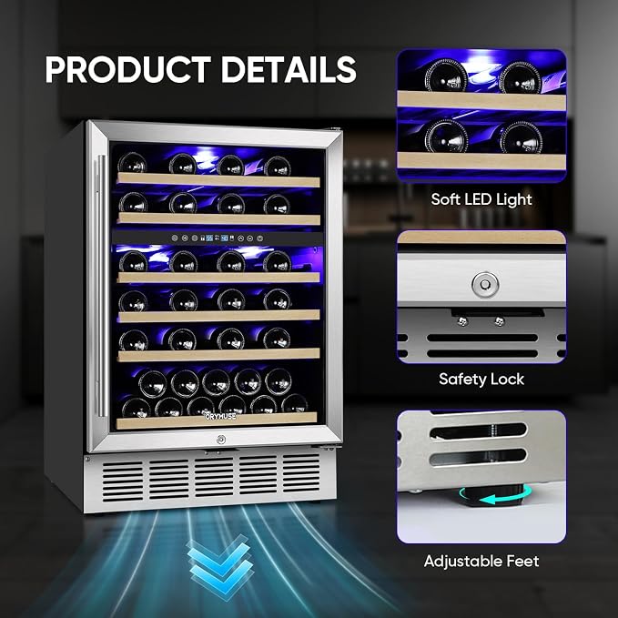 24 Inch Wine Cooler Refrigerator, 52 Bottle Dual Zone Wine Fridge with Stainless Steel Glass Door, Adjustable Shelves, Upgraded Compressor, Built-In Freestanding for Home, Bar, Kitchen - Image 7