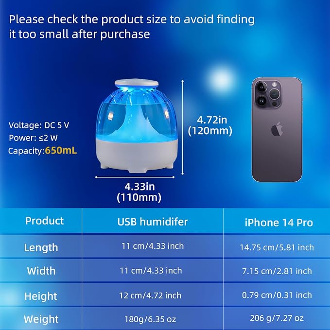 650ml USB Humidifiers for Bedroom Cool Mist Humidifier Quiet Air Humidifiers USB humidifiers for Living Room Home Office,2 Mist Modes,Night Light White - Image 4