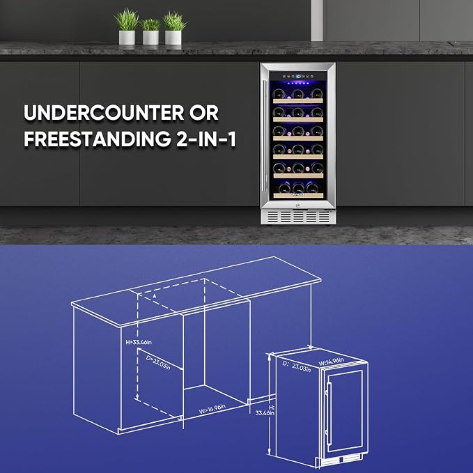 15 Inch Wine Cooler Under Counter, 30 Bottle Wine Fridge with Stainless Steel Glass Door, Built-In or Freestanding Wine Cellar with Removable Shelves and Digital Temperature Control - Image 4